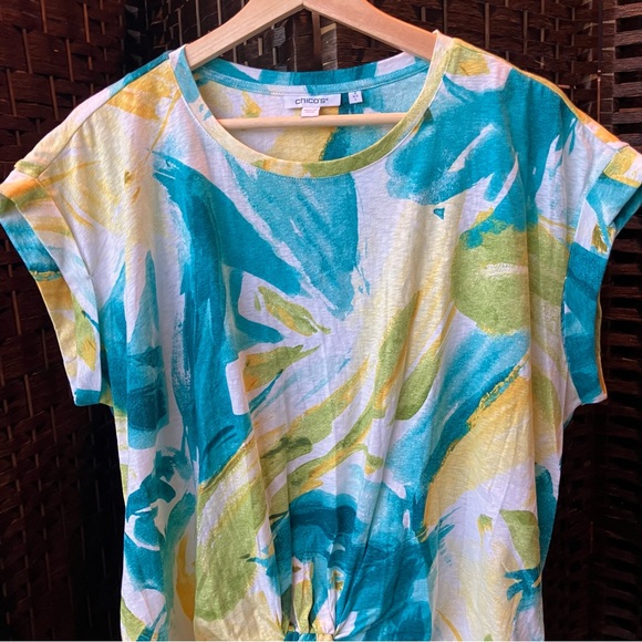 Chico's Teal Yellow Abstract Short Sleeve Tie Knot Front Top Tshirt Top Size L - Picture 4 of 10